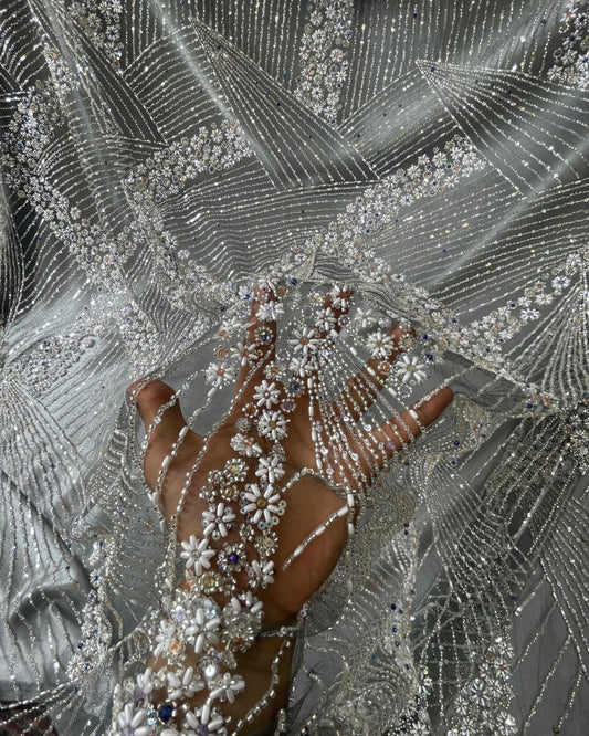 Luxurious Pearl / Beaded Lace - Gray / Silver - 1 yard