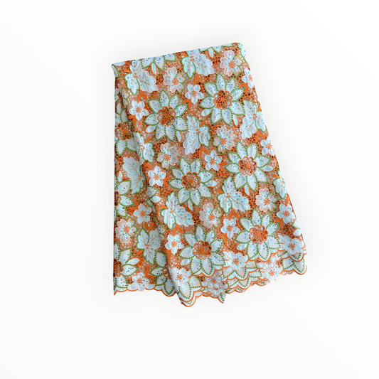 Top Quality Cord Lace Fabric in Lime Green / Orange - 5 Yards