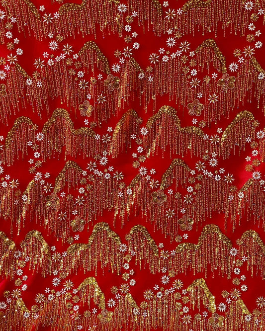 Beaded with Embroidered Rhinestones - Red / Silver - 1 yard