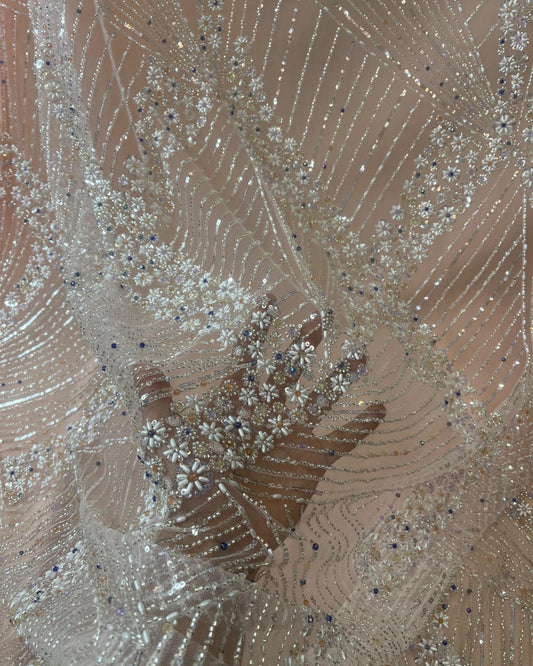 Luxurious Pearl / Beaded Lace - Peach / Silver - 1 yard
