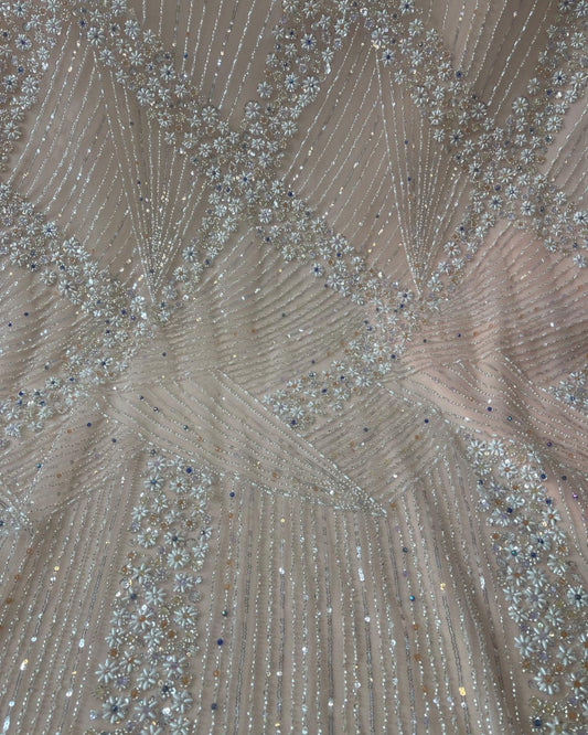 Luxurious Pearl / Beaded Lace - Peach / Silver - 1 yard