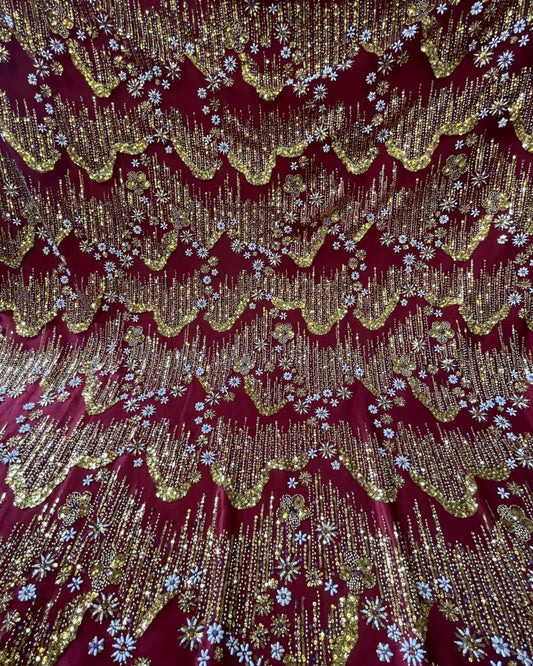 Beaded with Embroidered Rhinestones - Maroon / Gold - 1 yard