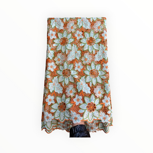 Top Quality Cord Lace Fabric in Lime Green / Orange - 5 Yards