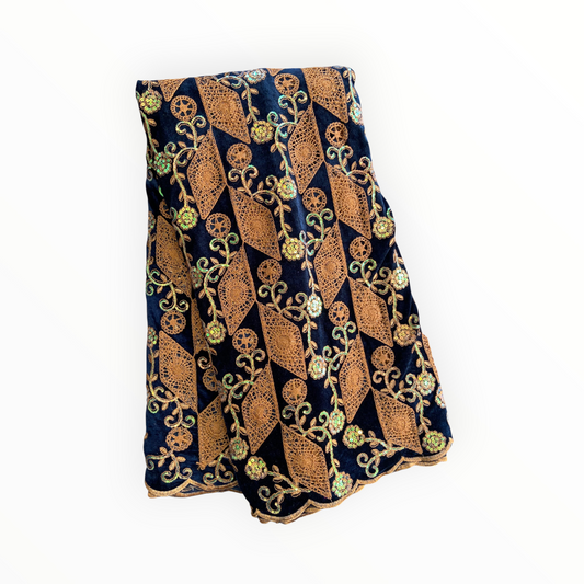 Luxury Velvet Lace Fabric in Navy / Brown – 5 Yards Piece