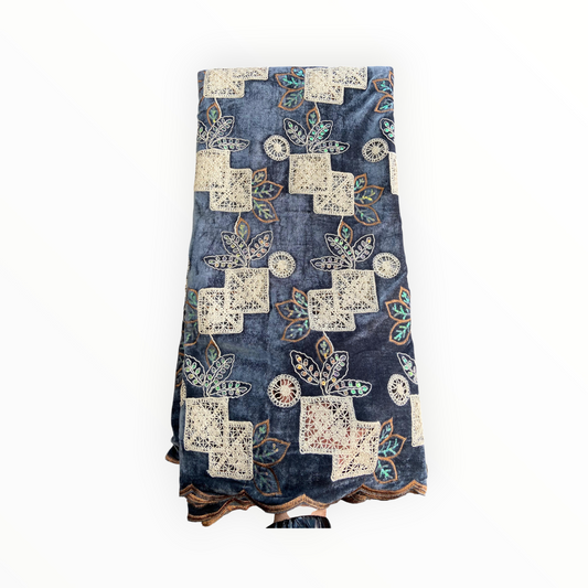 Luxury Velvet Lace Fabric in Gray / Off White – 5 Yards Piece (Patterned Design Collection)