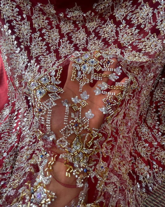 Pearl / Beaded Wedding Dress - Maroon / Gold - 1 Yard