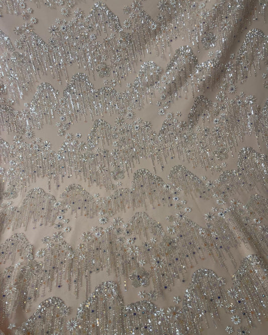 Beaded with Embroidered Rhinestones - Light Pink / Silver - 1 yard
