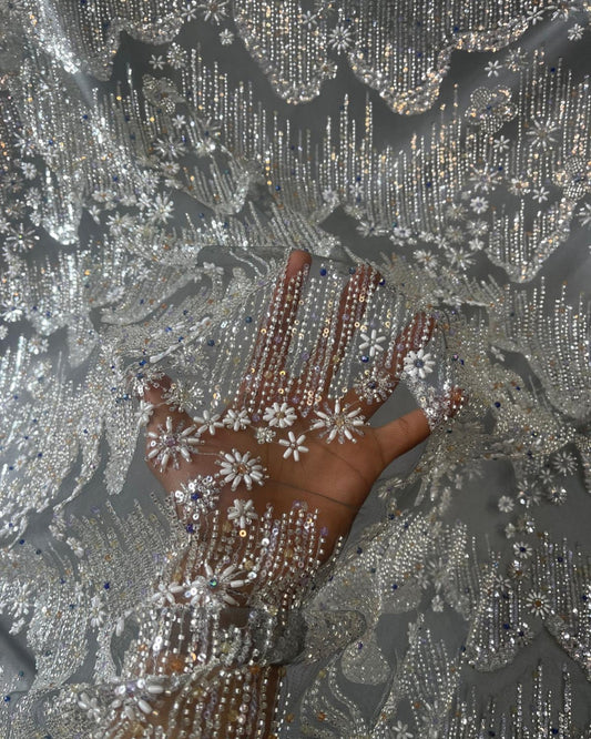 Beaded with Embroidered Rhinestones - Gray / Silver - 1 yard