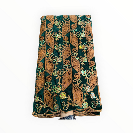 Luxury Velvet Lace Fabric in Green / Brown – 5 Yards Piece