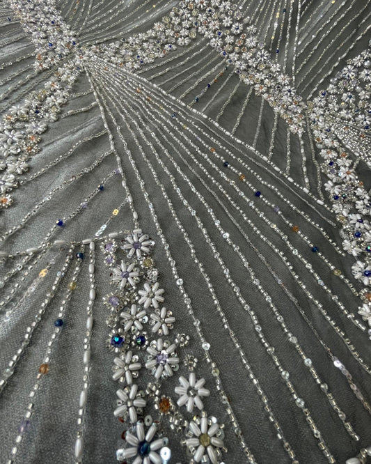 Luxurious Pearl / Beaded Lace - Gray / Silver - 1 yard