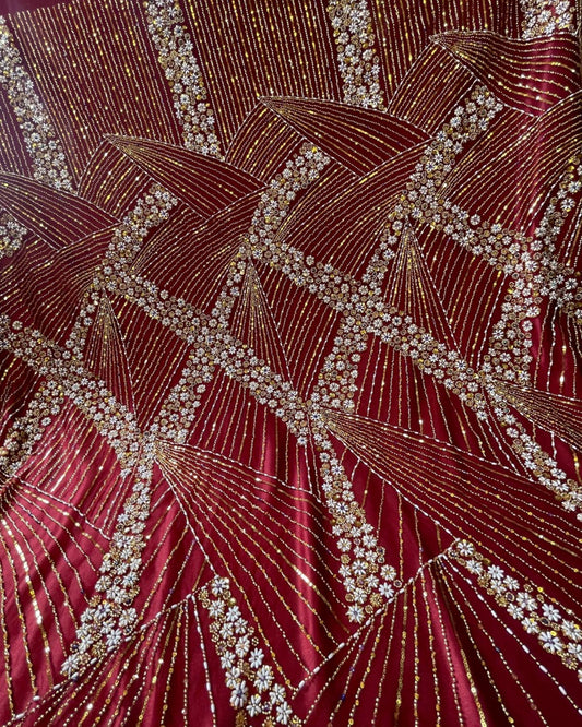 Luxurious Pearl / Beaded Lace - Maroon / Gold - 1 yard