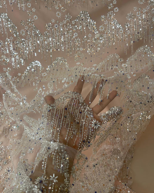 Beaded with Embroidered Rhinestones - Light Pink / Silver - 1 yard