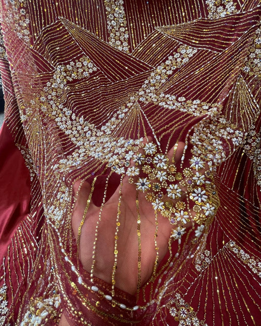 Luxurious Pearl / Beaded Lace - Maroon / Gold - 1 yard