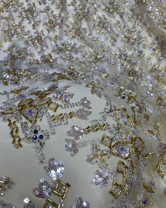 Pearl / Beaded Wedding Dress - Beige / Gold - 1 Yard