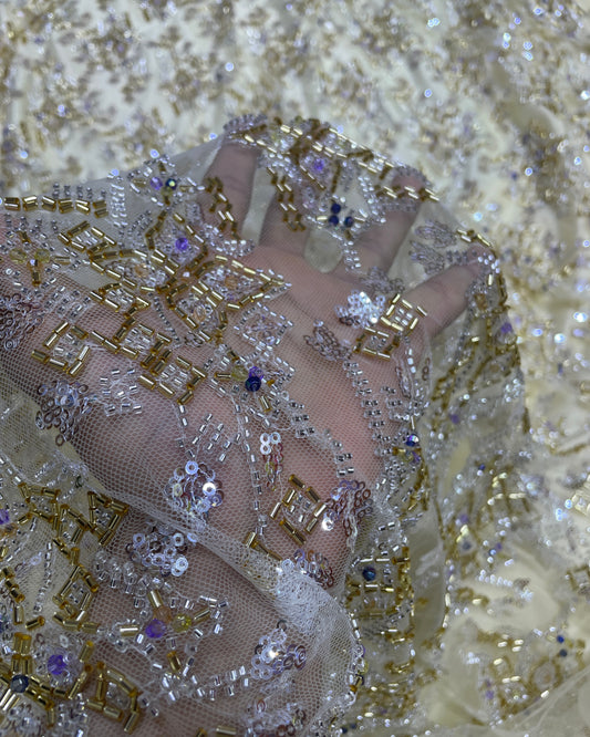 Pearl / Beaded Wedding Dress - Beige / Gold - 1 Yard