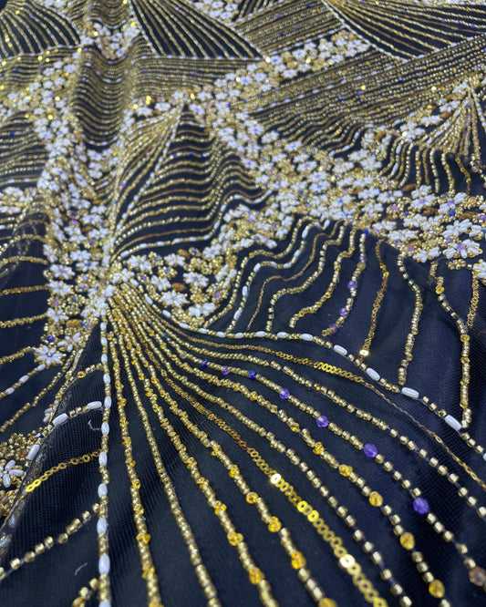 Luxurious Pearl / Beaded Lace - Black / Gold - 1 yard