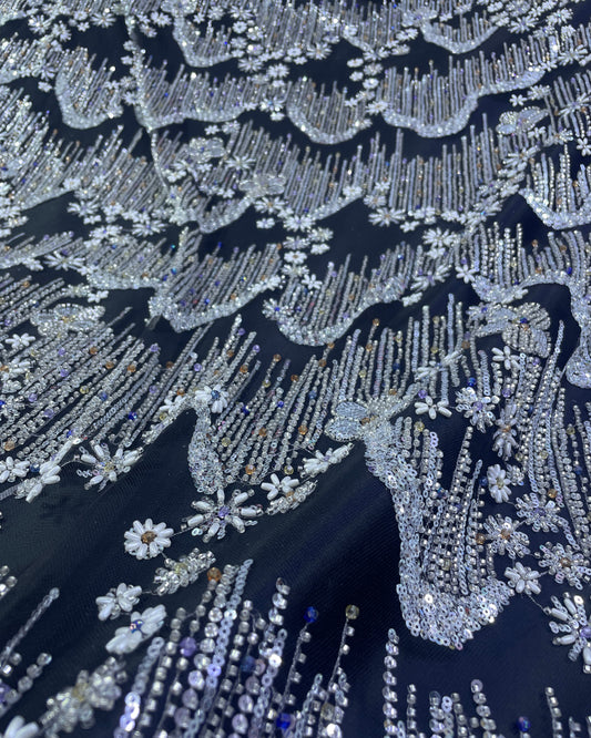 Beaded with Embroidered Rhinestones - Black / Silver - 1 yard