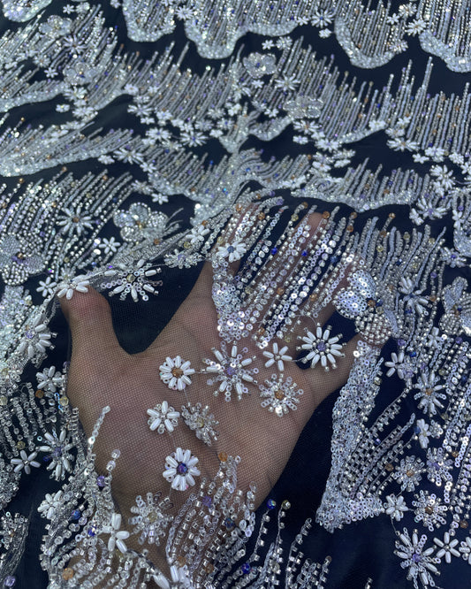 Beaded with Embroidered Rhinestones - Black / Silver - 1 yard