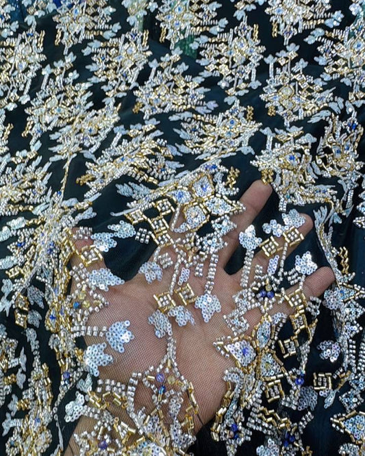 Pearl / Beaded Wedding Dress - Black / Gold - 1 Yard