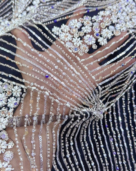 Luxurious Pearl / Beaded Lace - Black / Silver - 1 yard