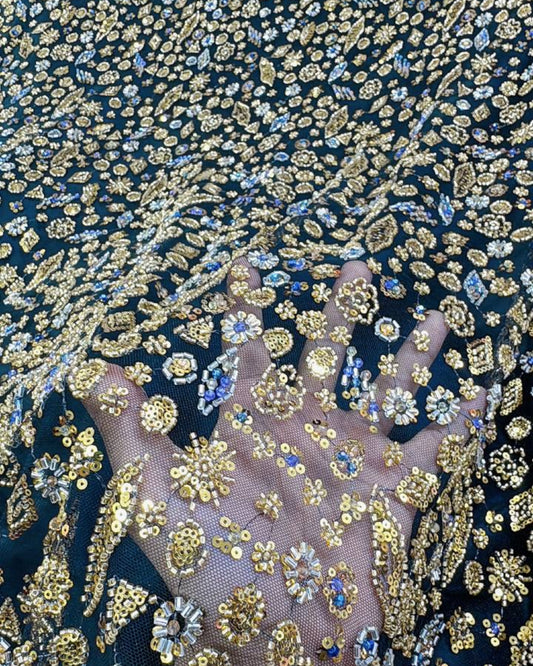 Prestige Pearl / Beaded Lace - Black / Gold - 1 Yard