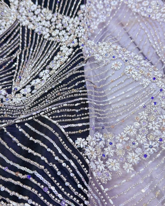 Luxurious Pearl / Beaded Lace - Black / Silver - 1 yard