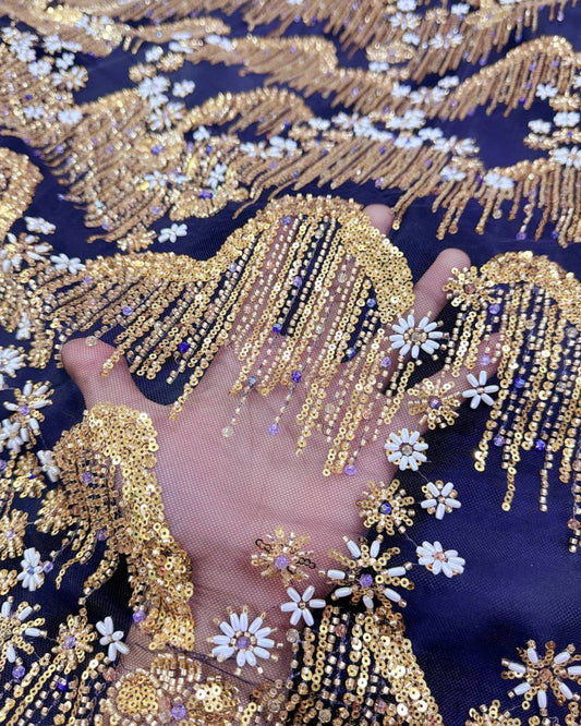 Beaded with Embroidered Rhinestones - Black / Gold - 1 Yard