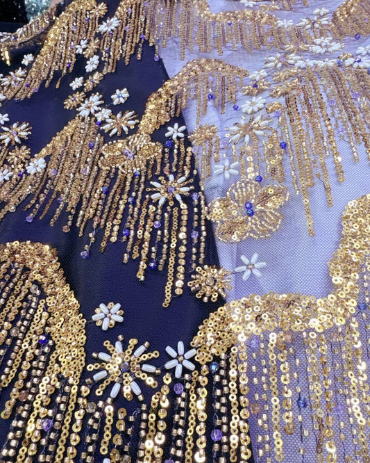 Beaded with Embroidered Rhinestones - Black / Gold - 1 Yard