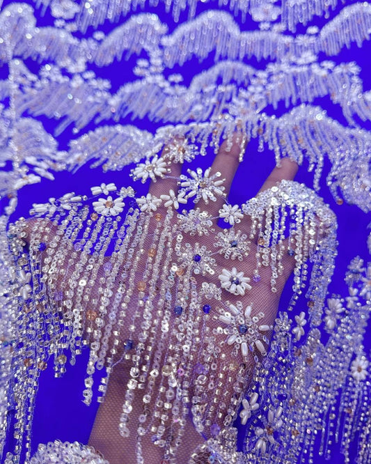 Beaded with Embroidered Rhinestones - Royal Blue / Silver - 1 yard