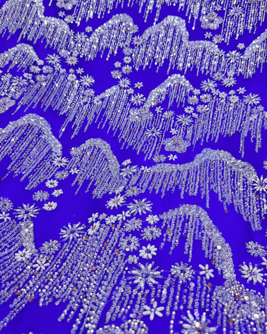 Beaded with Embroidered Rhinestones - Royal Blue / Silver - 1 yard