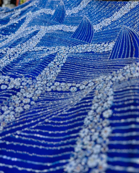 Luxurious Pearl / Beaded Lace - Royal Blue / Silver - 1 yard
