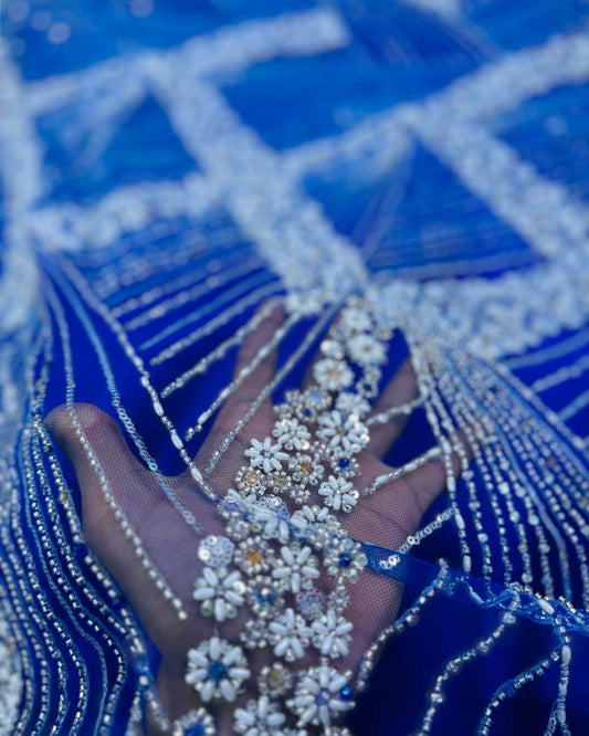 Luxurious Pearl / Beaded Lace - Royal Blue / Silver - 1 yard
