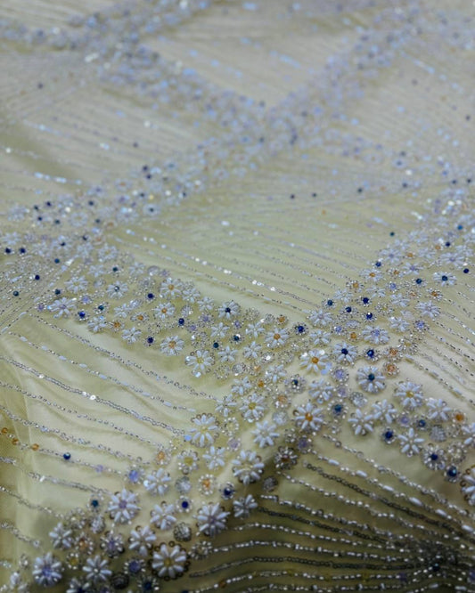 Luxurious Pearl / Beaded Lace - Cream / Silver - 1 yard