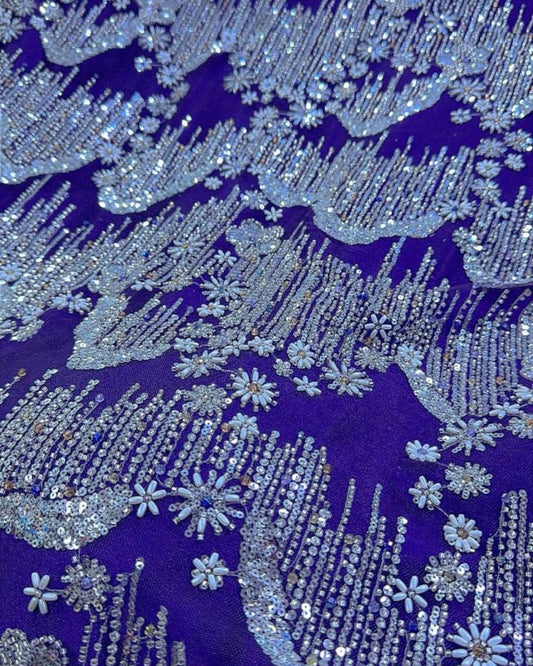 Beaded with Embroidered Rhinestones - Purple / Silver - 1 yard