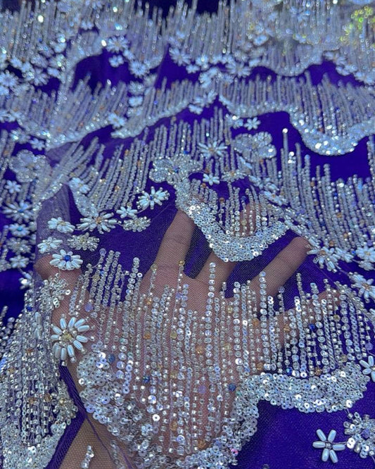 Beaded with Embroidered Rhinestones - Purple / Silver - 1 yard