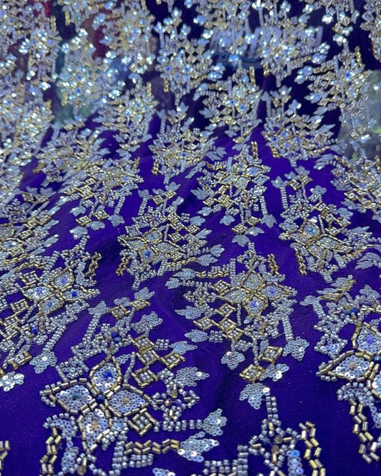 Pearl / Beaded Wedding Dress - Purple / Gold - 1 Yard