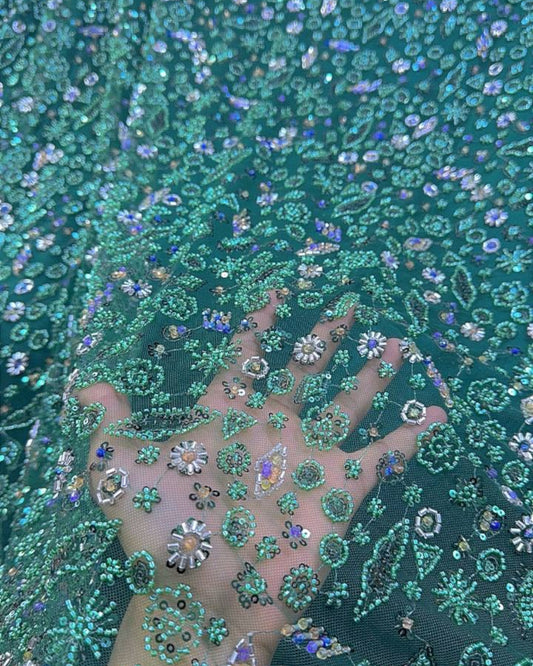 Prestige Pearl / Beaded Lace - Dark Green - 1 Yard