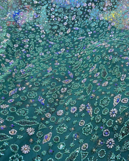Prestige Pearl / Beaded Lace - Dark Green - 1 Yard