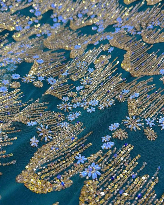 Beaded with Embroidered Rhinestones - Green / Gold - 1 yard