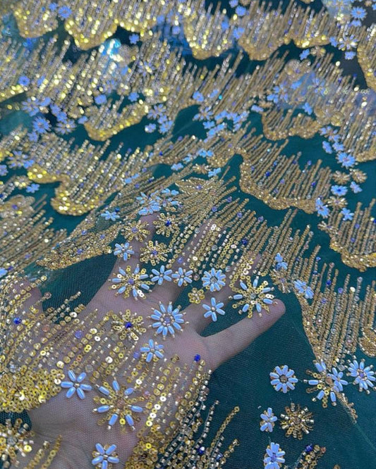 Beaded with Embroidered Rhinestones - Green / Gold - 1 yard