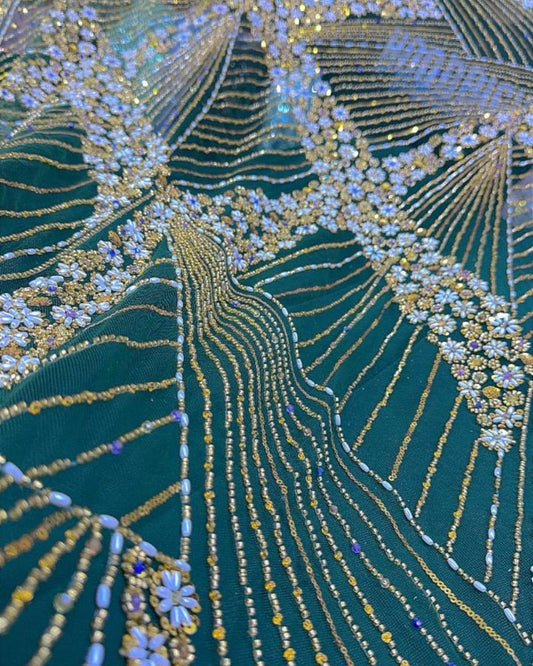 Luxurious Pearl / Beaded Lace - Green / Gold - 1 yard