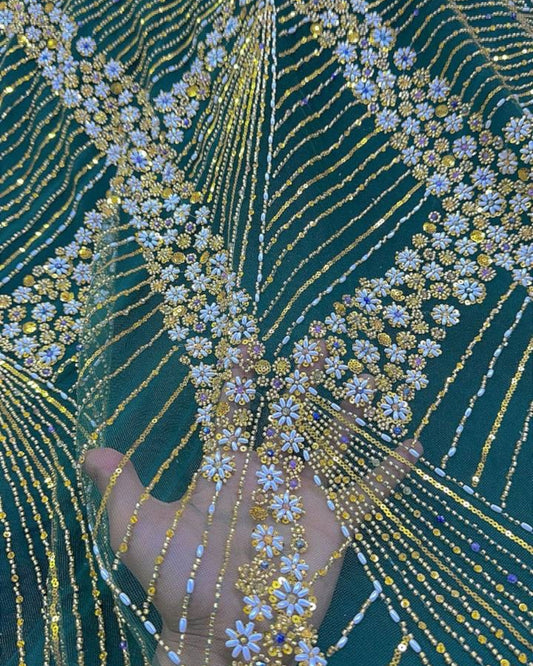 Luxurious Pearl / Beaded Lace - Green / Gold - 1 yard