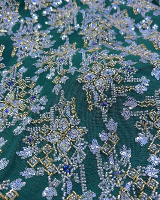 Pearl / Beaded Wedding Dress - Green / Gold - 1 Yard