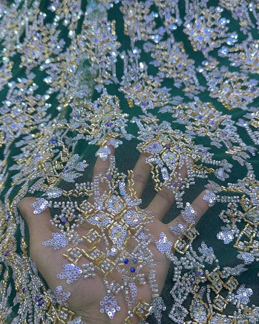 Pearl / Beaded Wedding Dress - Green / Gold - 1 Yard