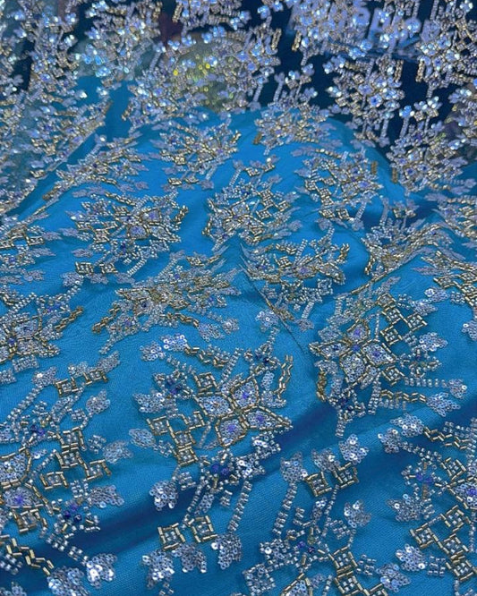 Pearl / Beaded Wedding Dress - Light Blue / Gold - 1 Yard