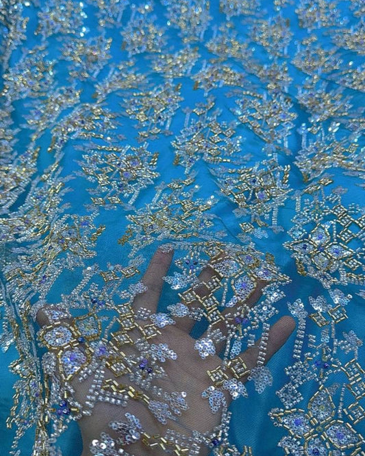 Pearl / Beaded Wedding Dress - Light Blue / Gold - 1 Yard