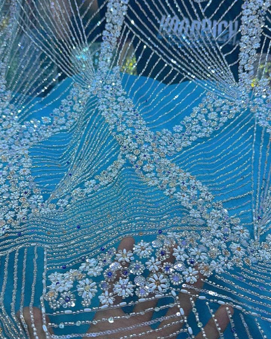 Luxurious Pearl / Beaded Lace - Sky Blue / Silver - 1 yard