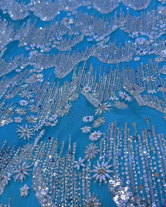 Beaded with Embroidered Rhinestones - Light Blue / Silver - 1 yard