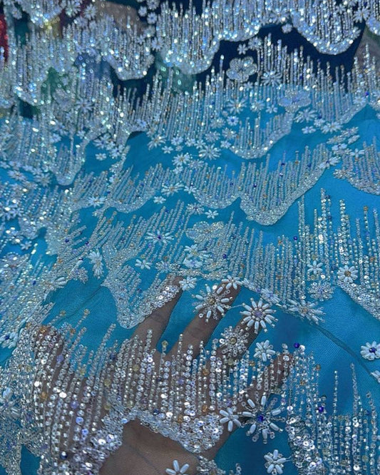 Beaded with Embroidered Rhinestones - Light Blue / Silver - 1 yard
