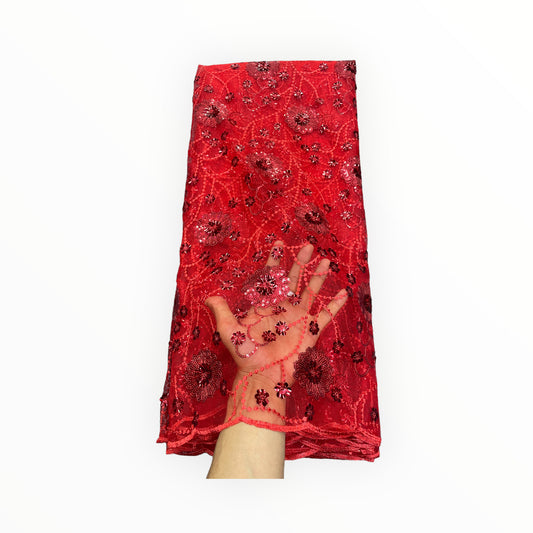 Red Silk Embroidery French Lace - 1 Yard